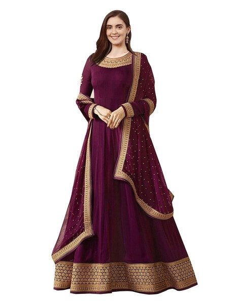 Embroidered Semi-Stitched Anarkali Dress Material Price in India