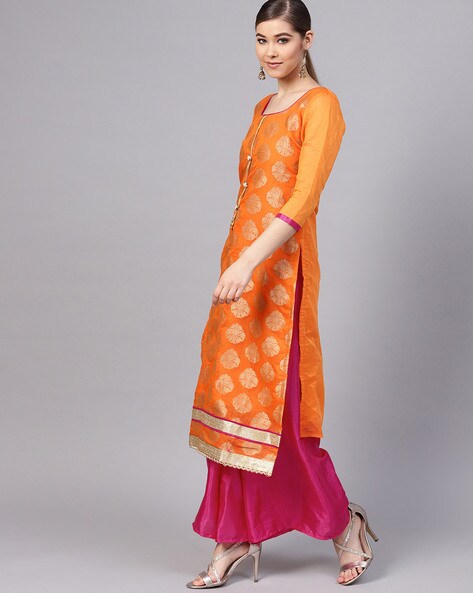 Buy Pink & Orange Floral Chinon Kurta Online - RK India Store View