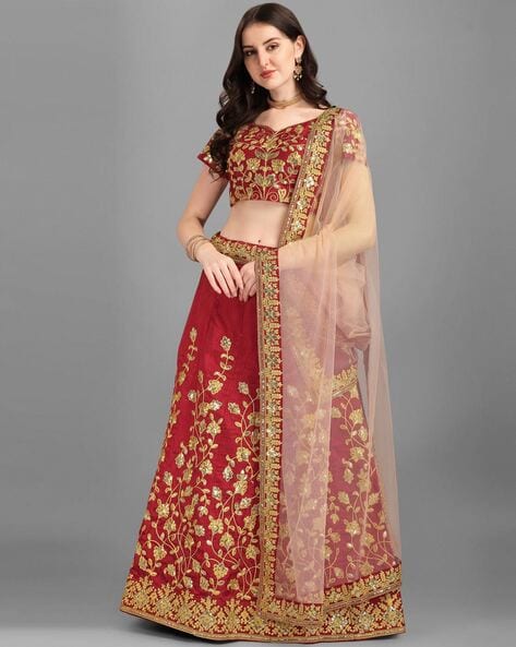 Dark Maroon Lehenga With Sequence Detailing – TrendOye