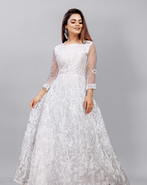 White Foil Printed Gown In Art Silk 334GW03