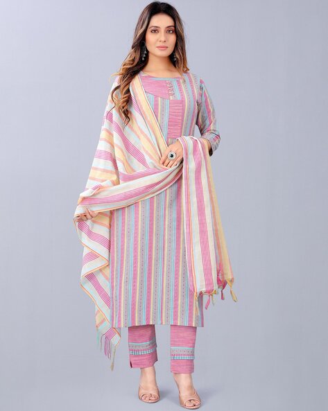 Striped Semi-Stitched Straight Dress Material Price in India