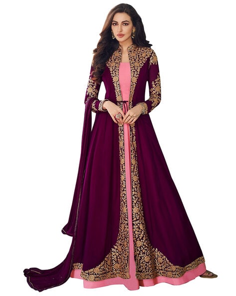 Embroidered Semi-Stitched Anarkali Dress Material Price in India