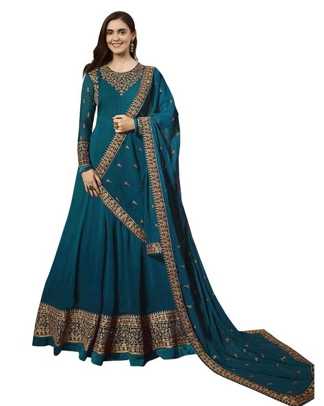 Embroidered Semi-Stitched Anarkali Dress Material Price in India