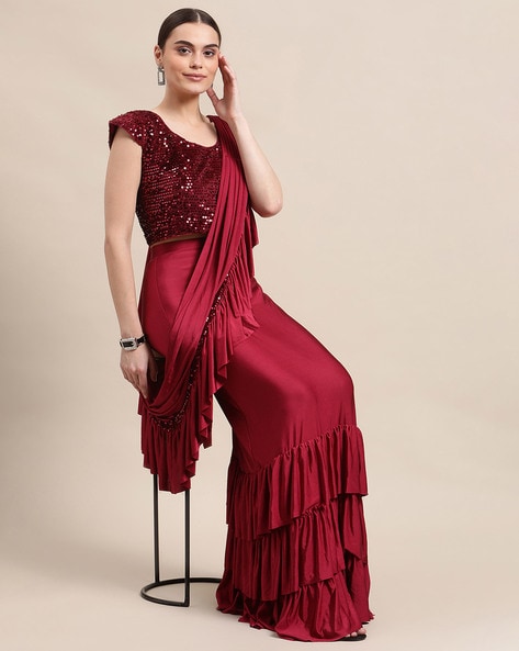 Buy Maroon Pure China Heavy Party Wear Ruffle Sari | Wedding Sarees