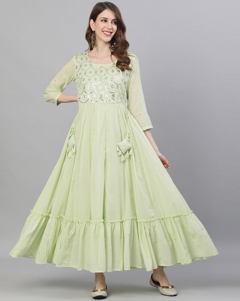 Pista Green Box Pleated Knee Length Dress