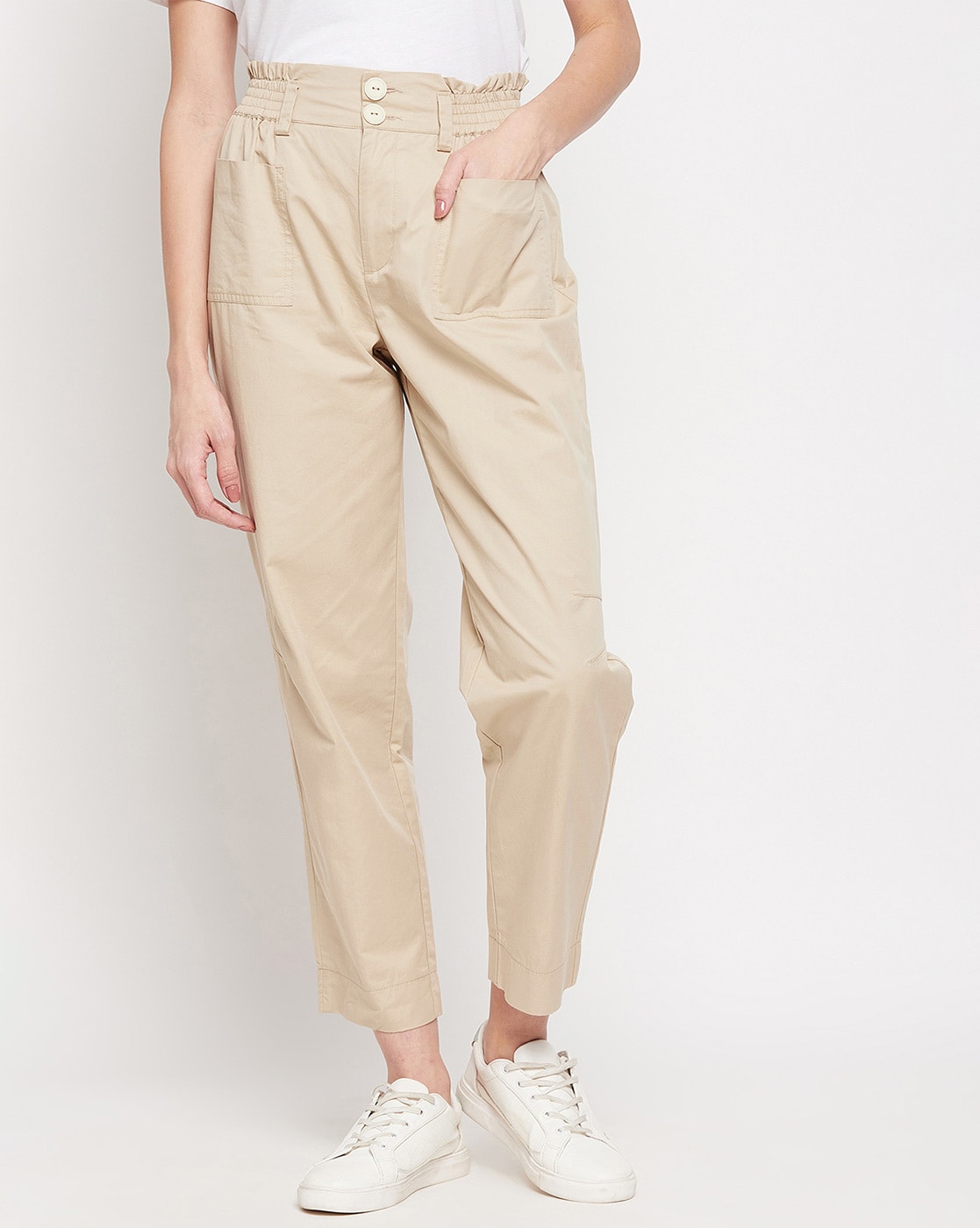 Buy LIFE Khaki Solid Cotton Stretch Slim Fit Men's Trousers | Shoppers Stop