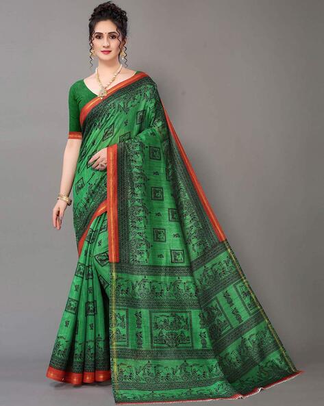 Batik Printed Georgette Saree in Dusty Green : SEW10837