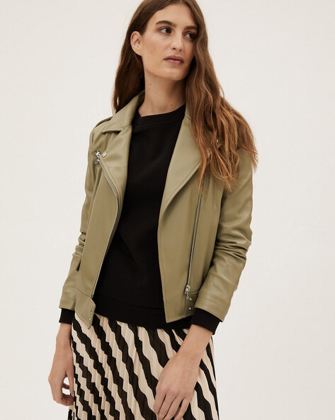 Khaki faux leather on sale jacket