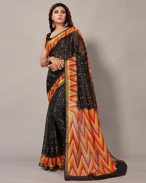 Rust and Black Saree | Block Print on Mulberry |Ramdhanu Ethnic