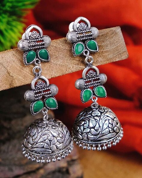 Buy OOMPH Jewellery Oxidised Silver Maroon & Green Stone Floral Ethnic Jhumka  Earrings online