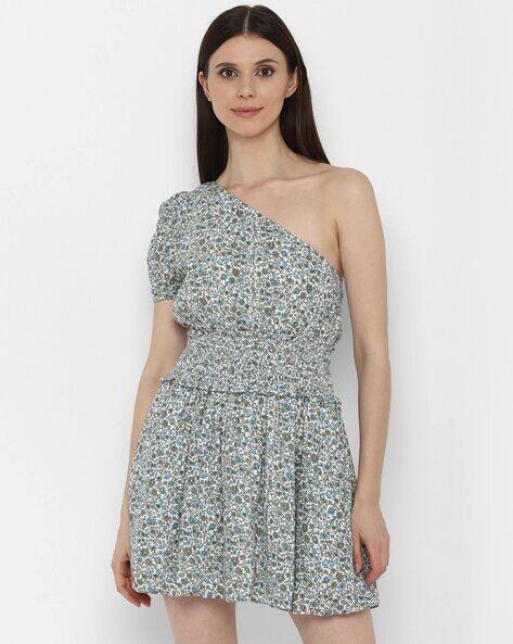 Floral Print Fit Flare Dress with One Shoulder