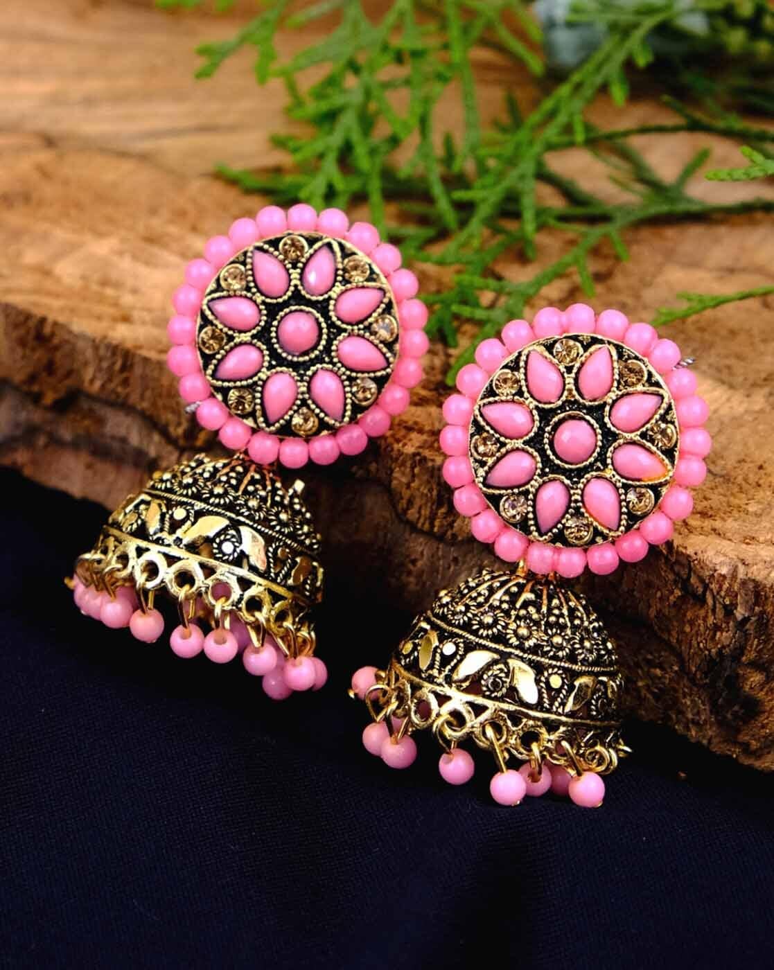 Magenta Kundan Polki Jhumkas Earrings – Shasmis