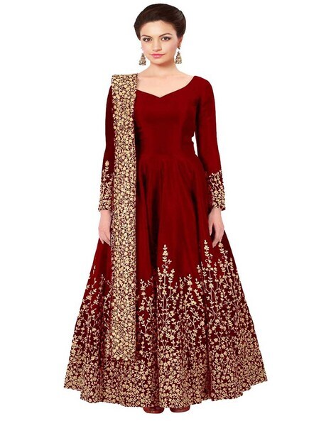 Embroidered Semi-Stitched Anarkali Dress Material Price in India