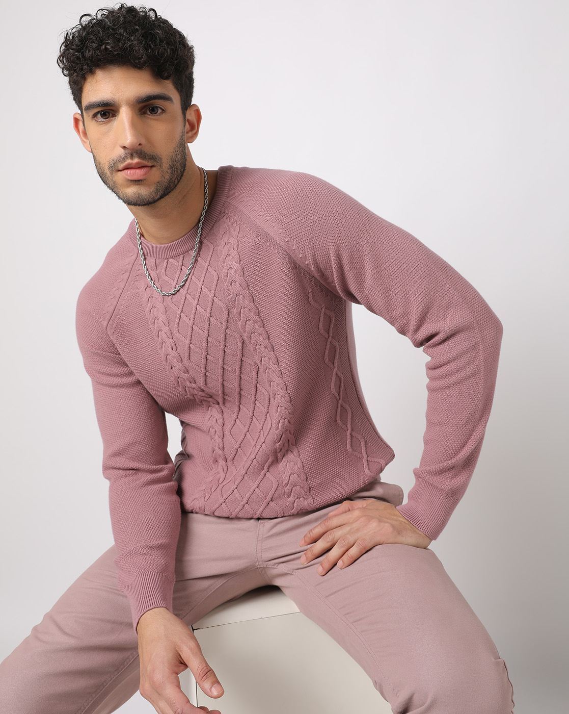 Mens pink cable knit on sale sweater