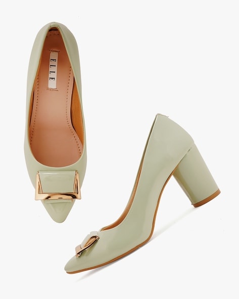 Green pumps block cheap heel