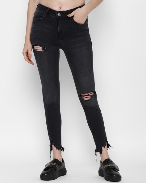 Black Ripped Holes Straight Jeans Loose Fit Slant Pockets - Temu