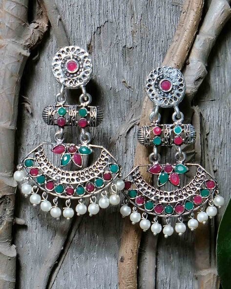 Buy Mirror Chandbali Earrings, Oxidized Chandbali Earrings, Mirror Earrings,  Silver Look Alike Earrings, Antique Earrings, Statement Jewellery Online in  India - Etsy