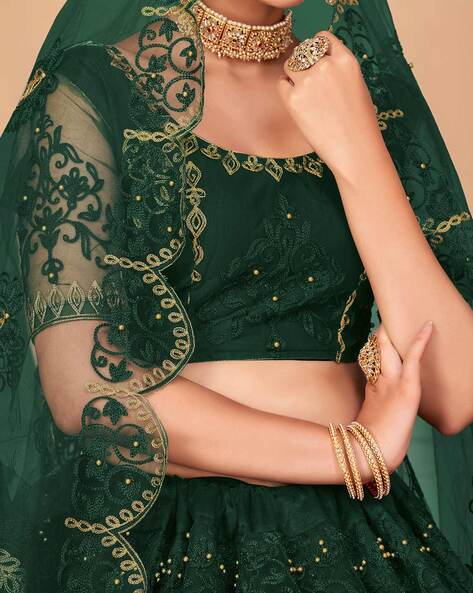 Buy Eid Plus Size Suits Silk Bottle Green Lehenga LLCV09801