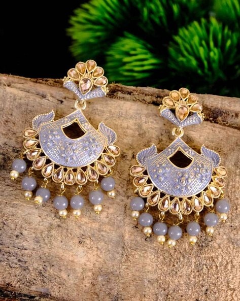 Buy YouBella Black Grey Stone-Studded Tasselled Floral Drop Earrings Online