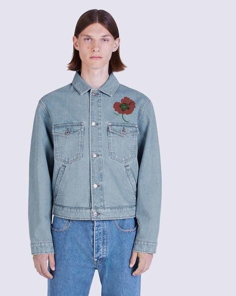 Buy KENZO Flower Regular Denim Jacket | Sky Color | AJIO LUXE