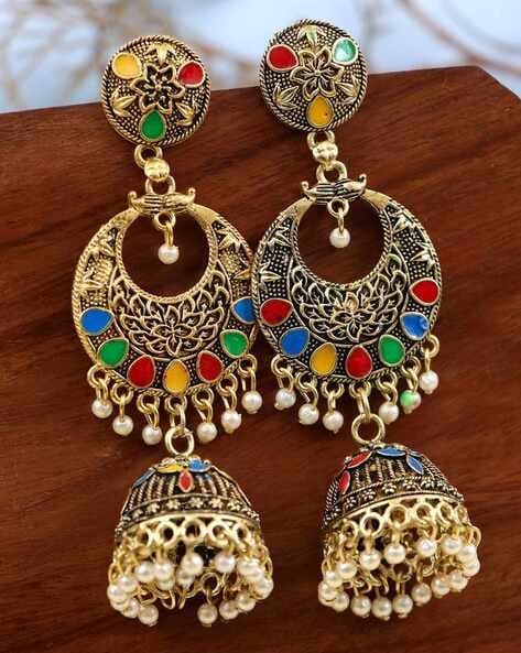 Gold Jhumka Design Oxidised Earrings For Women - Silver Palace