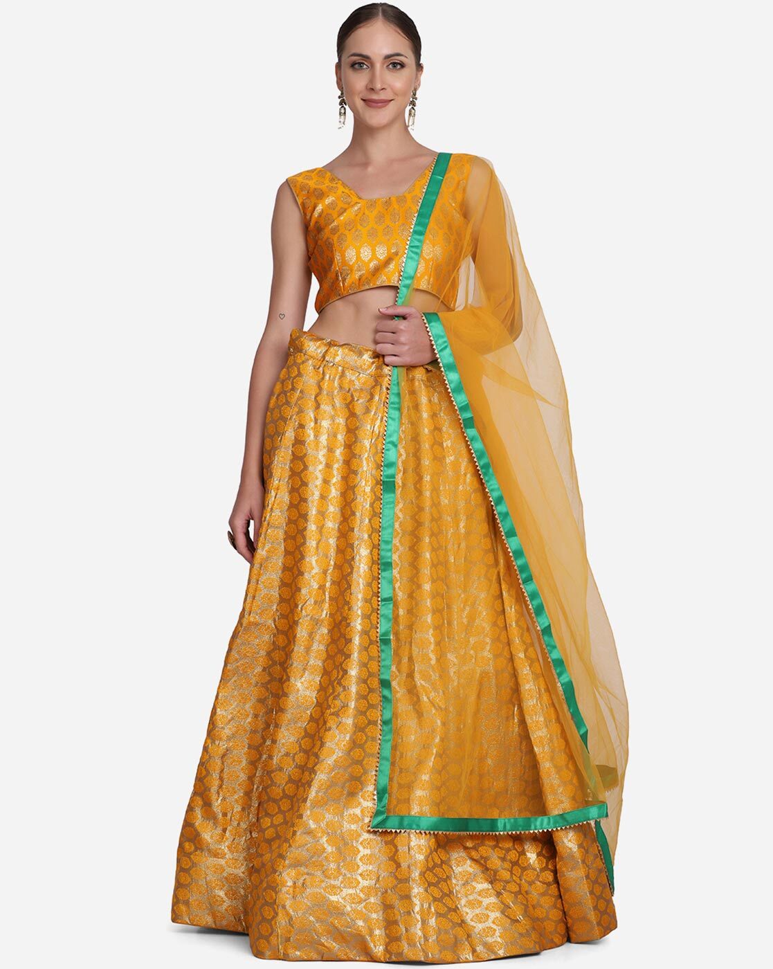 Asian India Traditional Lehenga Choli Costumes Indian Bollywood Embroidered  Deep Green Skirt and Yellow Blouse for Women