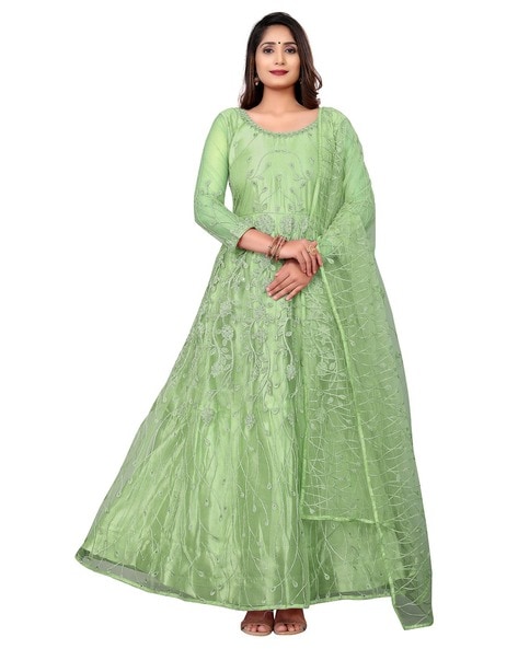 Green Anarkali Embroidered Suit With Net Dupatta 4144SL01