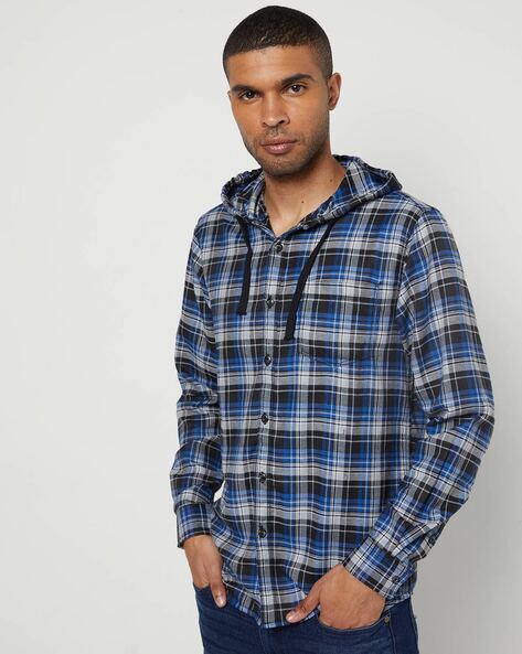 Men gingham hotsell hooded shirt