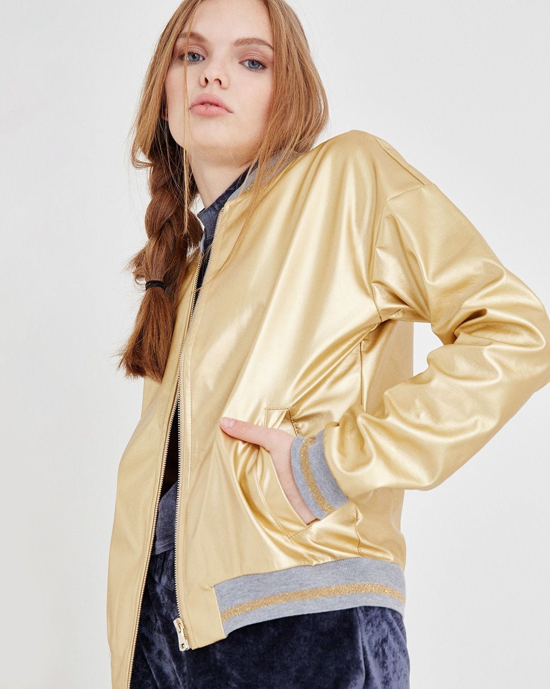 Oxxo Zip-Front Bomber Jacket with Insert Pockets For Women (Gold, S)