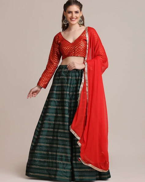 Jack's Little India - A charming orange unstitched lehenga choli. Eye  catching combination of red, green, orange and golden work embroidery  paired with a contrast dupatta. $229 l Sigatoka, Nadi, Ba, MHCC