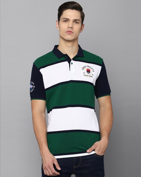 Buy Louis Philippe Men Blue Striped Polo Collar T Shirt - Tshirts