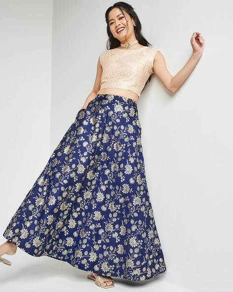 Dabu Printed Cotton Skirt in Indigo Blue : BRJ561
