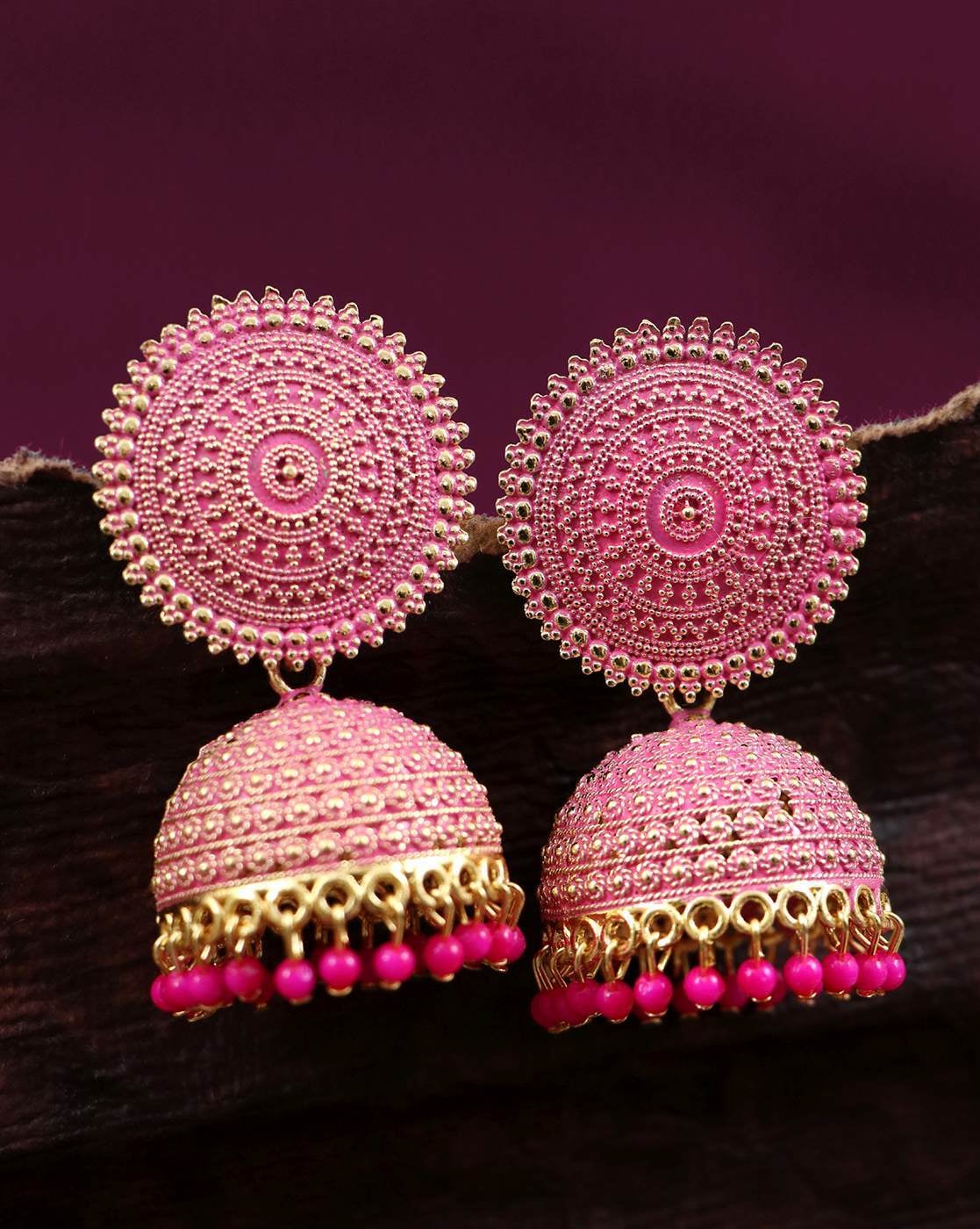 Buy OOMPH Pink Red Meenakari Enamel with Kundan and Pearls Ethnic Large Jhumka  Earrings online