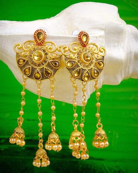 Crunchy Fashion Yellow Contemporary Leaf Design Jhumkas Earrings -  Absolutely Desi