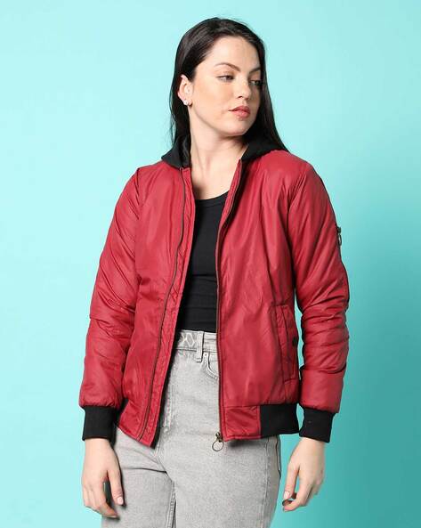 Buy Women's Wine Red Leather Studded Bomber Jacket Online at Best Price