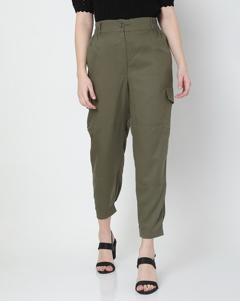 Vintage Casual Green Cargo Pants Women Autumn Solid Adjustable Elastic High  Waist Straight Pants Retro Streetwear Y2k Trousers
