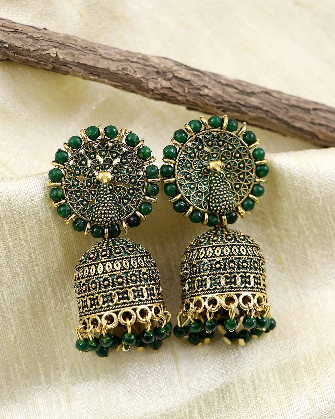 Susi silk thread creation - Aqua green color jhumka with peacock stud and  loreal golden beads .pretty earrings | Facebook