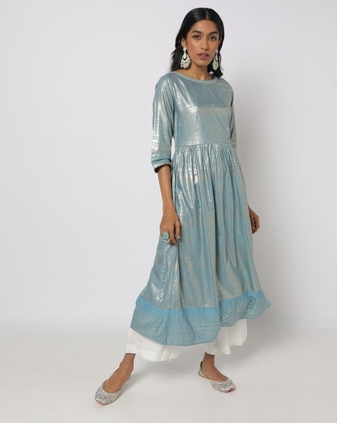 Blue Ombre Georgette Gown With Embroidery And Embellishments at Soch