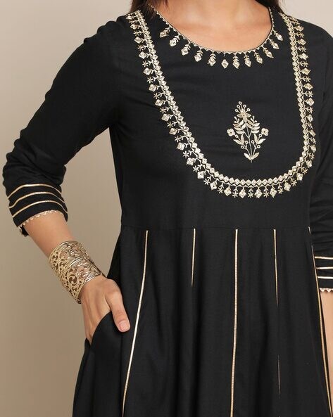 Pure Cotton Alia Cut One Piece Dress with Lining Highlighted with Katha  Stitch on the Yoke and Sleeves – Aashvi Couture