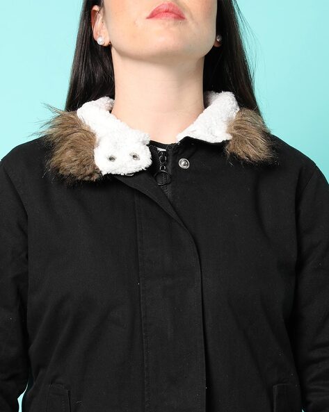 womens black jacket with fur collar