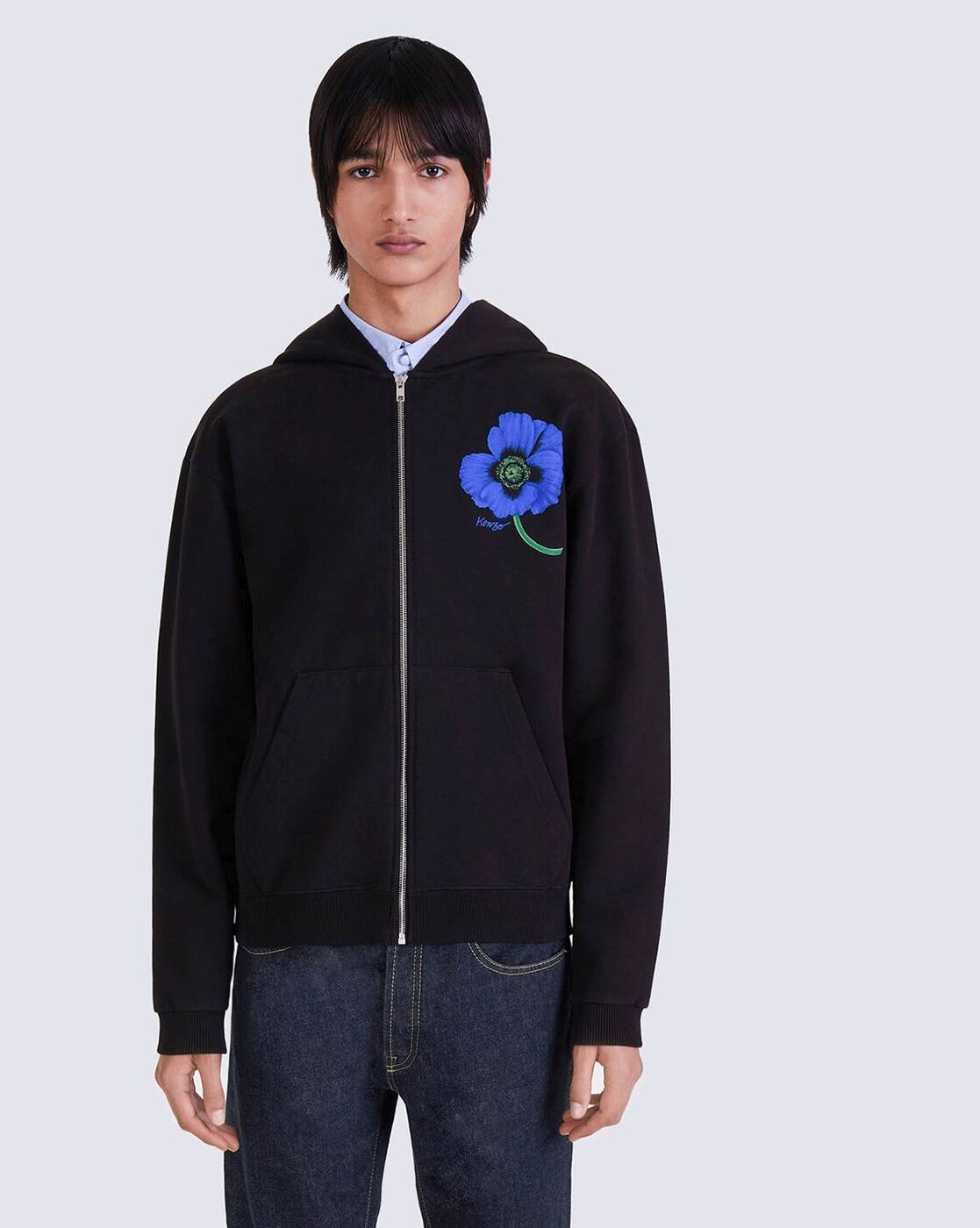 Buy KENZO Poppy Regular Fit Zip-Up Cotton Hoodie | Black Color Men