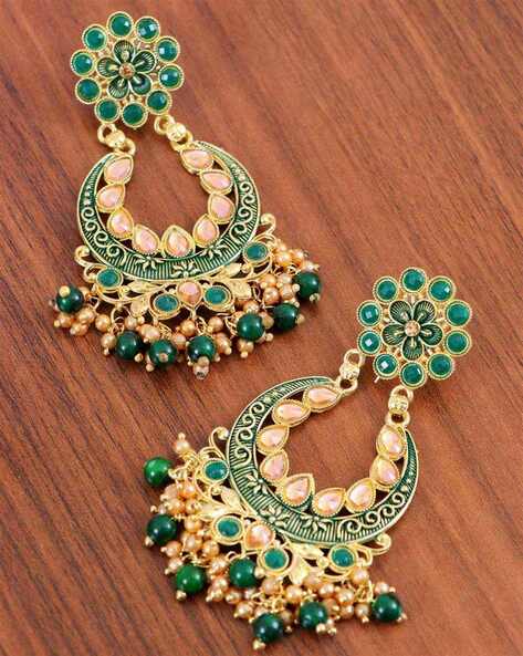 Buy I Jewels Women's 18K Gold Plated 3 Layered Long Jhumki Earrings with  Mint Enamel Glided with Kundans & Pearls (E2788Min) at Amazon.in