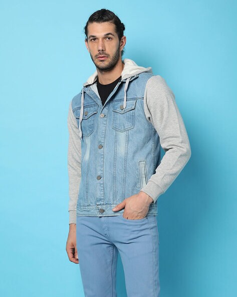 LZLER Hooded Jean Jacket for Men Casual Slim Blue India | Ubuy