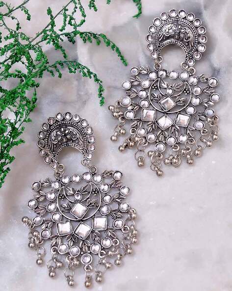 Buy Green and Brown Stone German Silver Oxidised Chandbali Earrings – The  Jewelbox