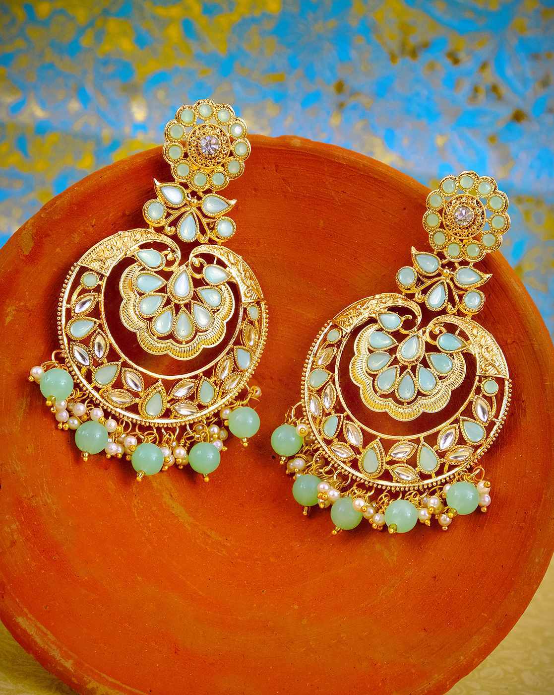 Pearl White & Emerald Kundan Chaandbali Earrings