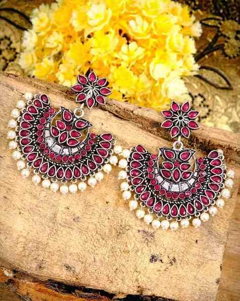 Buy Baby Pink and Blue Stone German Silver Oxidised Chandbali Earrings –  The Jewelbox