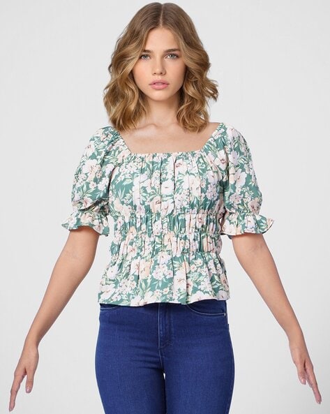 Lucky Brand Ditsy Foral Square Neck Peasant Top