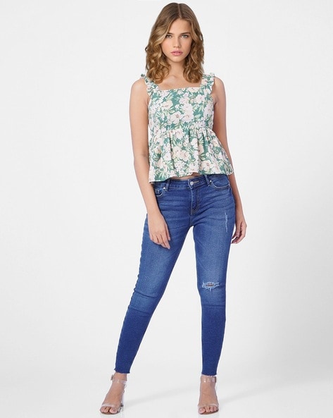 Floral Print Square-Neck Peplum Top