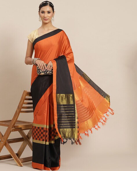 Shop Online Black Colour Orange Border Sico Silk Paithani