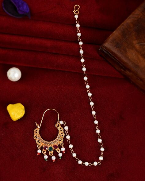 22K Gold Nath - Nose Ring with Ruby & Pearls - 235-GNP023 in 2.750 Grams